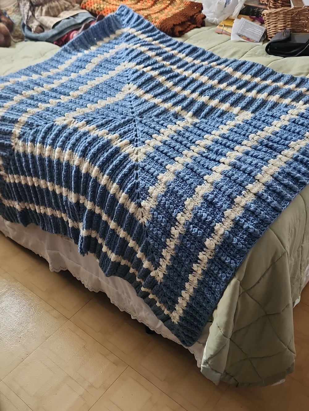 Handcrafted Blue and Cream Striped Crochet Throw Blanket